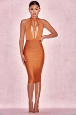 NWOT House of CB ‘Damara’ Camel Lurex Halter Bandage Dress. Size L