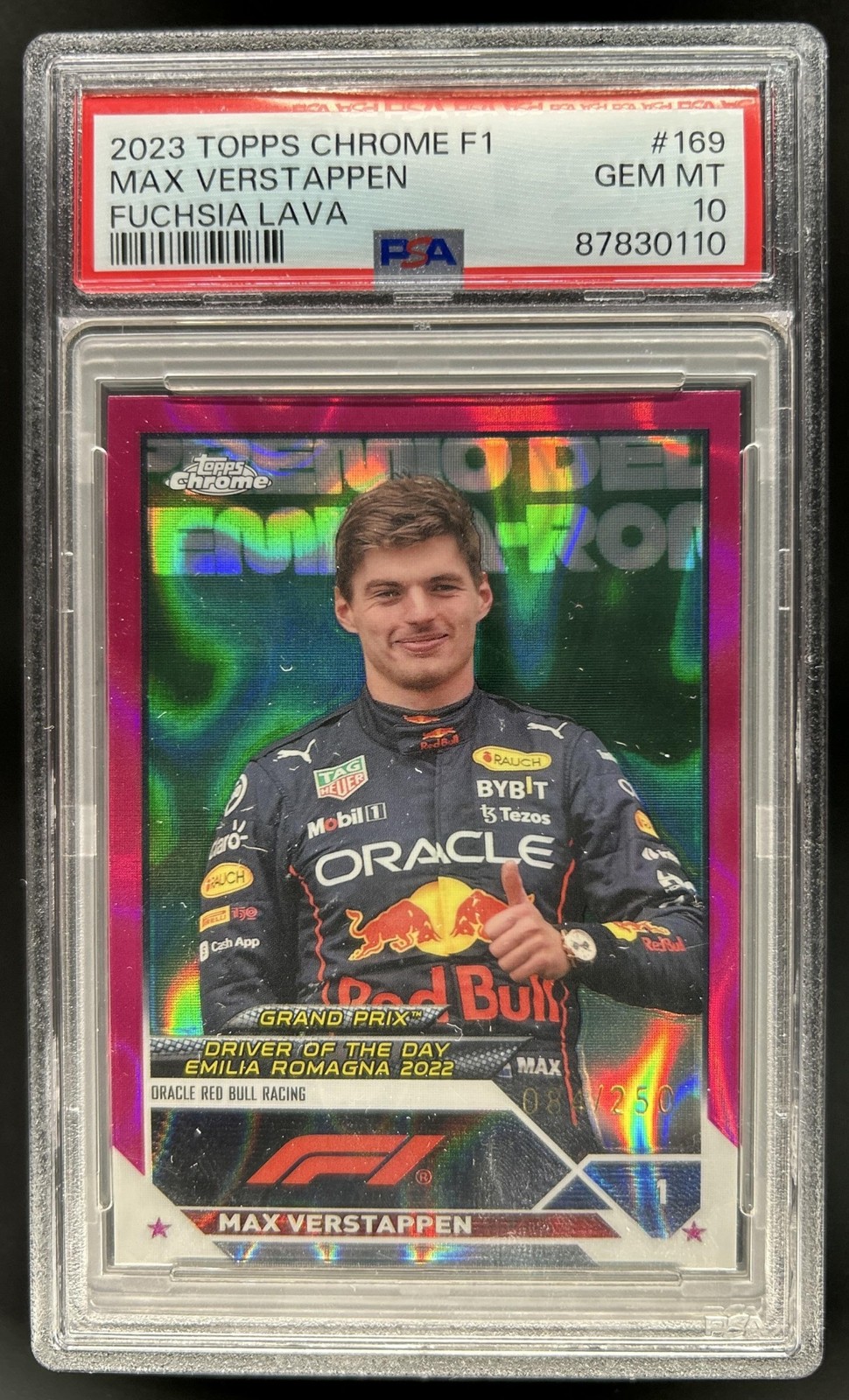 2023 Topps Chrome F1 Max Verstappen Fuchsia Lava Refractor #/250 PSA 10 GEM MINT view 1