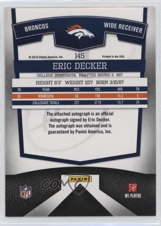 2010 Donruss Elite Turn of the Century /399 Eric Decker #145 Rookie Auto RC - Image 2 of 2
