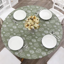Round Vinyl Fitted Tablecloth with Flannel Backing Table Cover Waterproof Leaves
