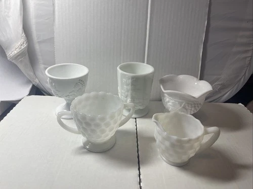 Set 5 Vintage Milk Glass Serving Pieces Cubist Creamer Sugar Bowl Pedestal Vase