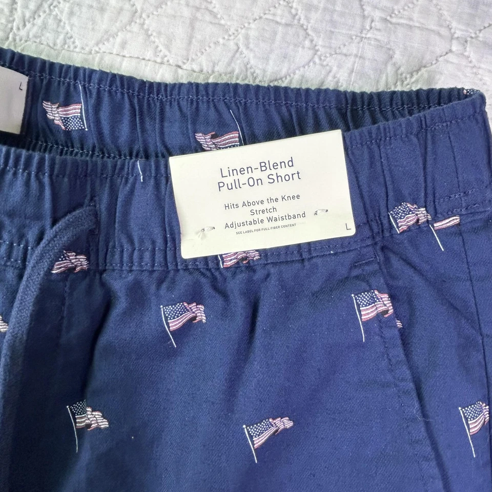 Hollister Shorts Mens Large Navy Linen-Blend Pull-On Stretch American Flag Print - Image 2 of 4