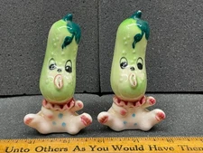 Vintage Anthropomorphic Pickle Cucumber Kids Salt & Pepper Shakers Japan Enesco