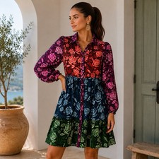 Farm Rio Anthropologie Floral Patchwork Dress XS Colorblock Puff Sleeve Mini