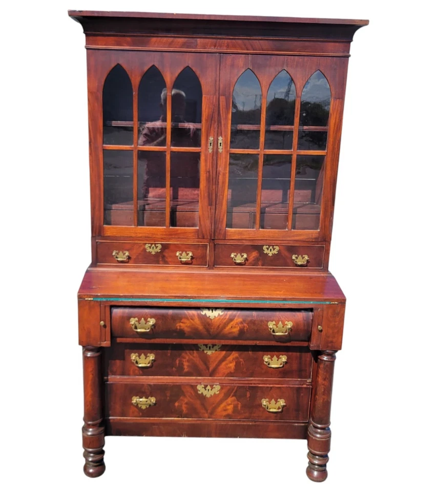 Antigua estantería de escritorio secretaria caoba Imperio clásico americano del siglo XIX Foto 3 de 4