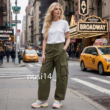 ZARA NEW WOMAN MID-RISE ZW COLL CARGO PANTS WIDE-LEG KHAKI GREEN 8246/261/505