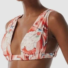 Carmen Marc Valvo Women's Red Campari Floral Ruched Bikini Top Swimwear Size M
