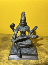 ⭐Vintage Brass Goddess Saraswati Statue Hindu Figure Idol Symbolic 4.5” x 3”