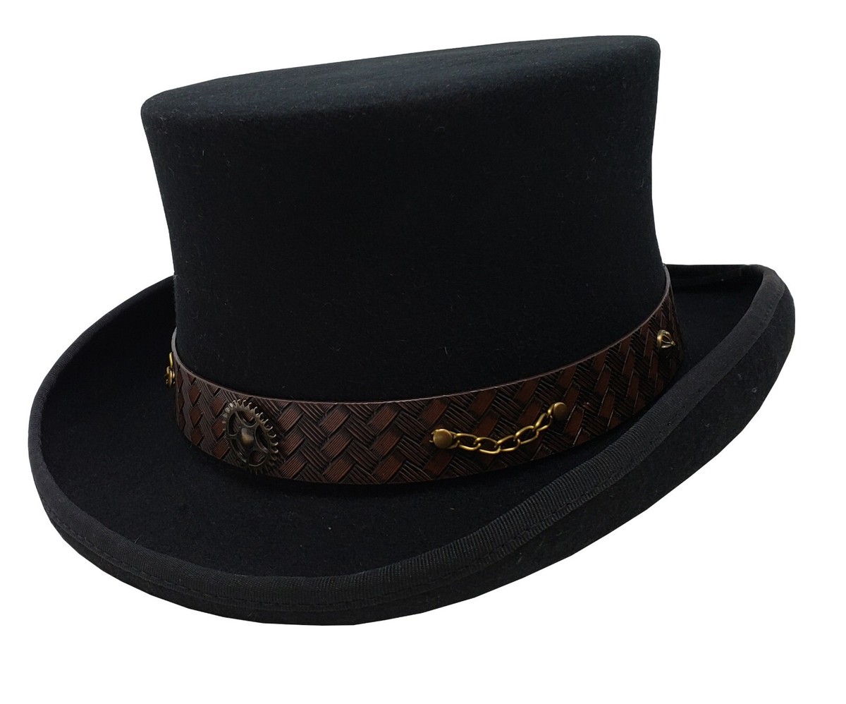 Victorian Western Steampunk Men Top Hat with Leather Band and Chain