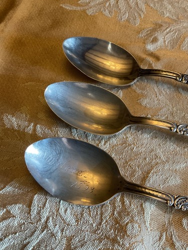 MARIE ANTOINETTE by Gorham 1890 Sterling Set of 3 Teaspoons 6” Monograms & Flaws - Picture 3 of 5