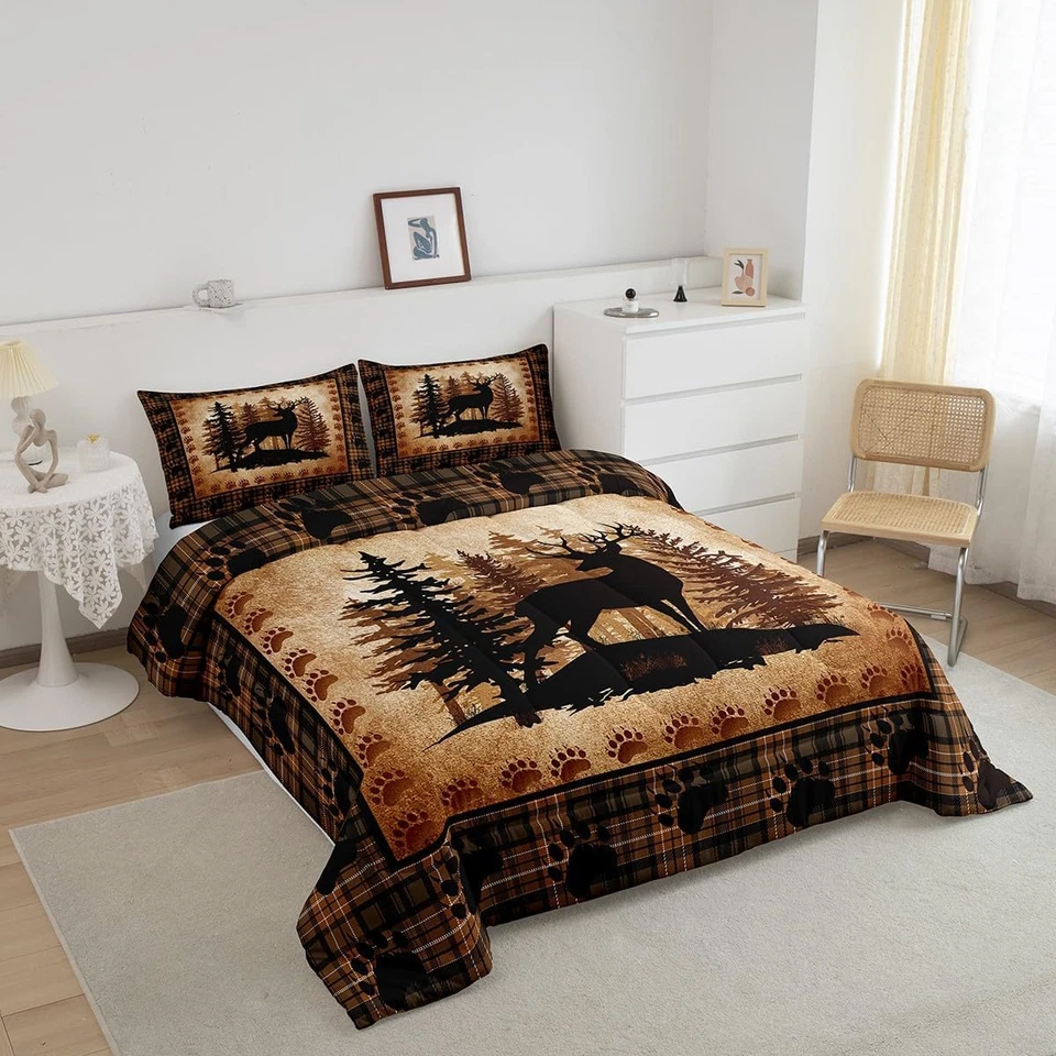 Conjunto de edredom xadrez urso veado tamanho queen, conjunto de cama com estampa de urso de caça animal f - Imagem 4 de 4