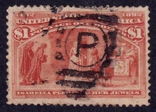 US Scott 241, 1893 Queen Isabella Pledging Her Jewels, $1 salmon, FINE USED