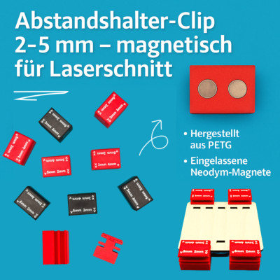 4x Magnetic Spacer Clips for Laser Cut - 2-5mm Wood - PETG