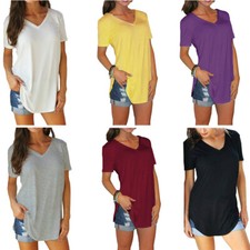 T-Shirt Pullover Tops Tees Blouse Casual Solid Women V Neck Summer Ladies
