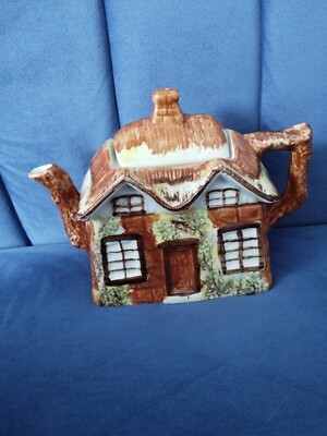 Théière Céramique Vintage - Forme De Maison Cottage - Bleu Vert Brillant