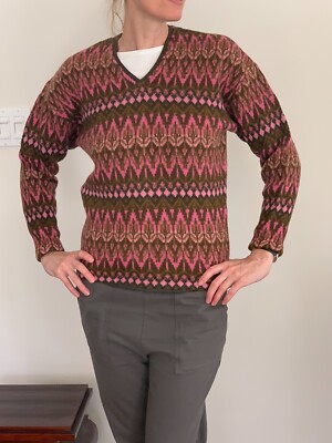 Vintage 60s fair isle sweater pink brown 100% Wool Iceland by