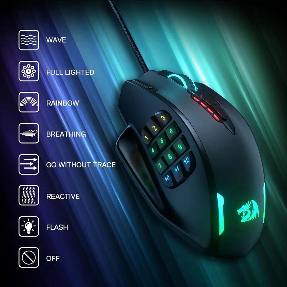 Backlight LED USB Wired Gaming Mouse 18 Programmable Mouse Buttons 12400 DPI New - Image 2 of 4
