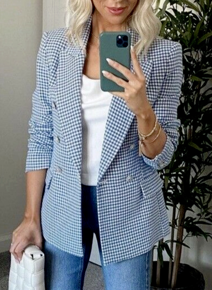 ZARA BLUE WHITE HOUNDSTOOTH GINGHAM CHECK BLAZER JACKET SIZE EXTRA SMALL XS NEW image 6