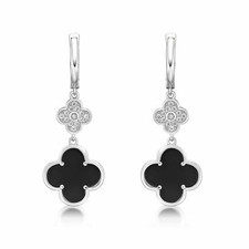 Black Onyx Flower Dangle Drop Earrings for Women 925 Sterling Silver Hinge Post