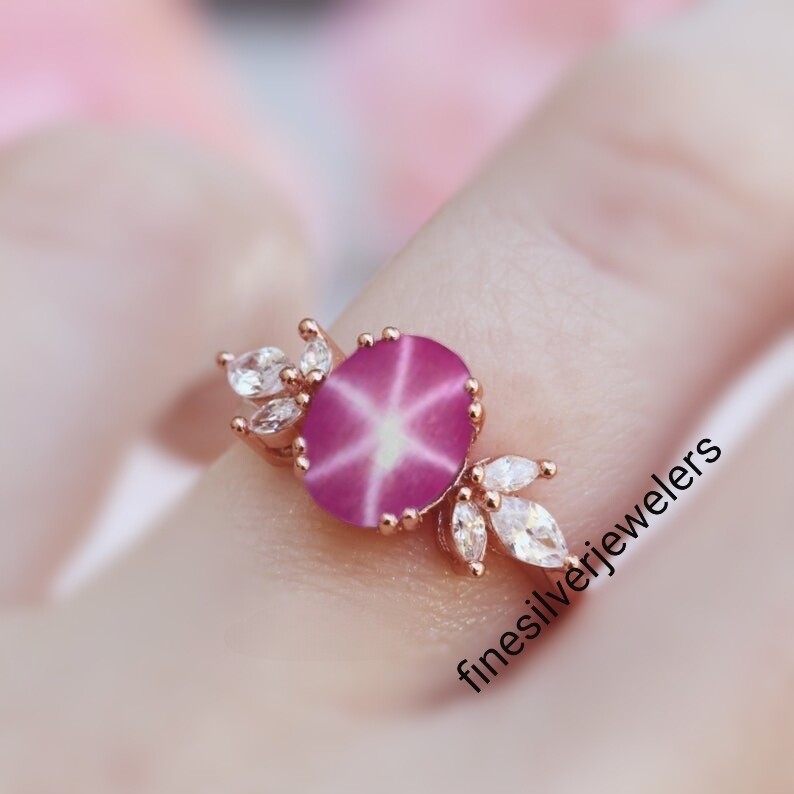 Anillo de mujer rubí estrella 6 rayos rojo natural con plata 925