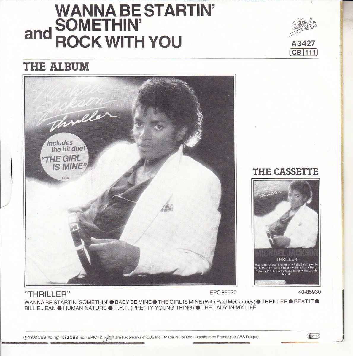 MICHAEL JACKSON Wanna Be Startin' Somethin' PICTURE SLEEVE 7
