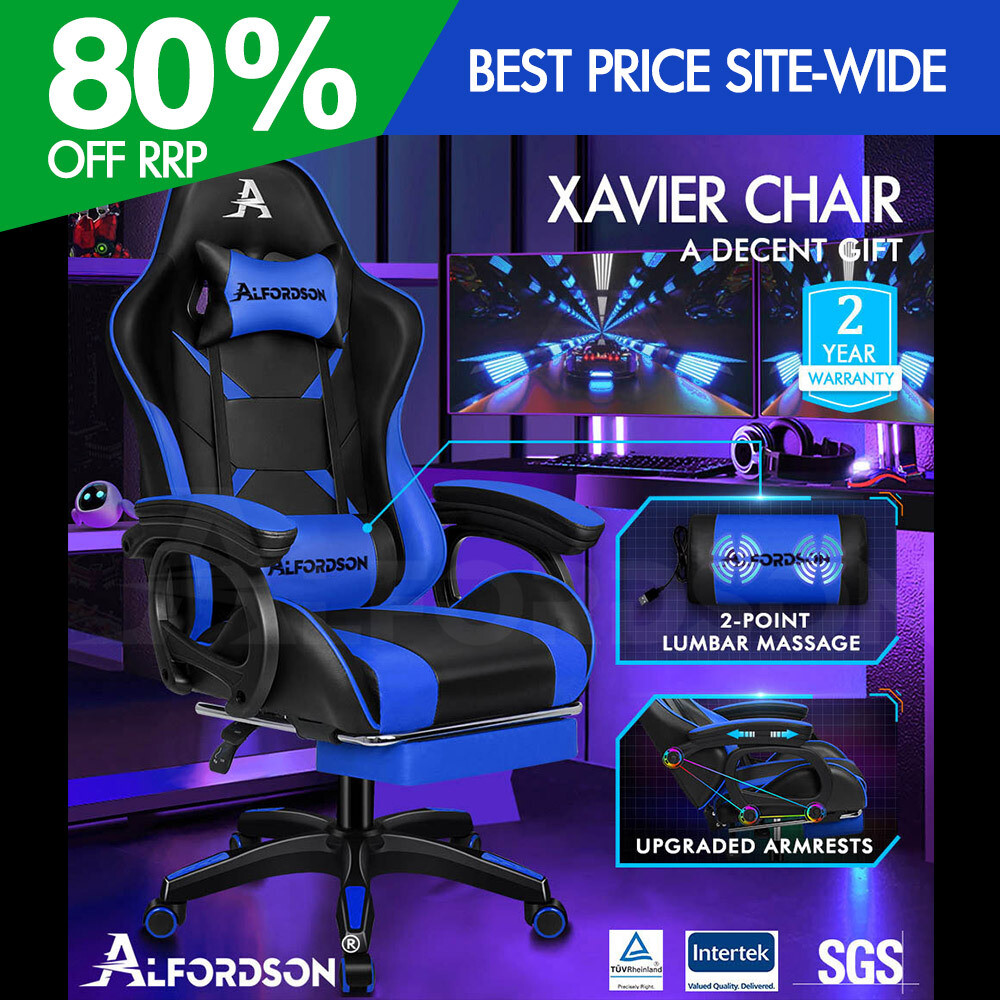 ALFORDSON Silla Gaming con Masaje Reposapiés Silla de Oficina Azul y Negro