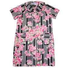 Vtg 70s Coffee Time Floral House Dress Womens L Ruffle Collar Retro Rockabilly
