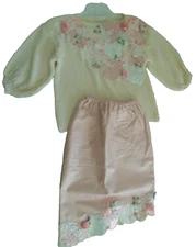 Sandra Celli Knit Top Leather Skirt Suit Size Small Lace Trims Beige/Pink