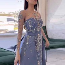Luxury Beaded Blue Long Sleeves Evening Dresses Women Wedding Party Gown