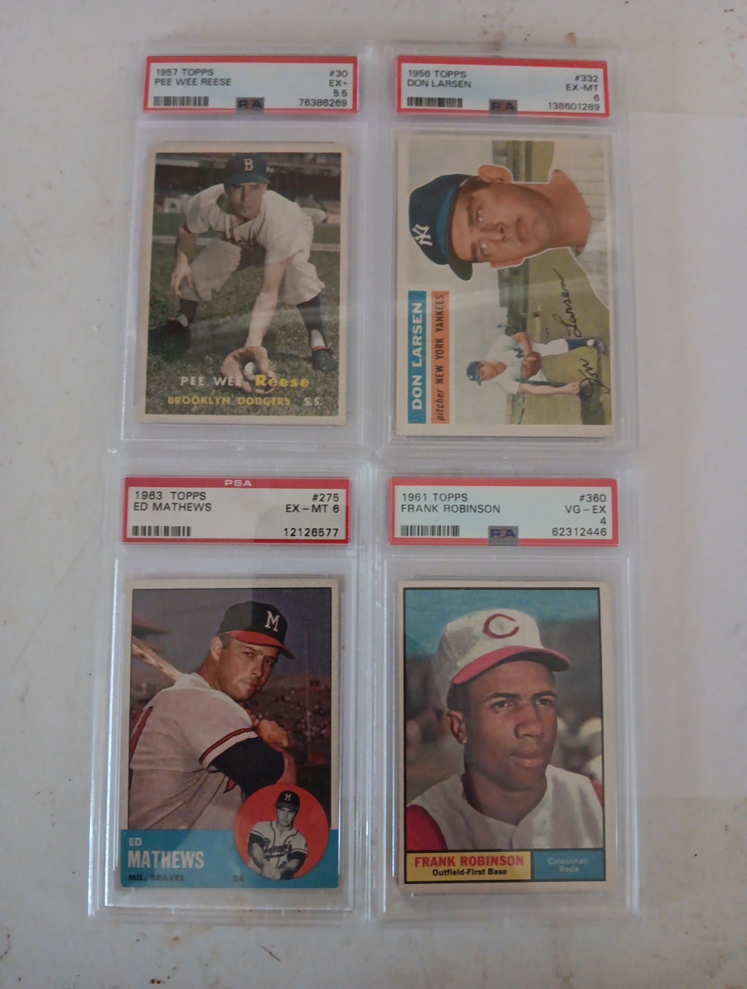 Vintage PSA Graded HOF Lot - 1956 Larsen 1957 Reese 1961 Robinson 1963 Mathews view 3