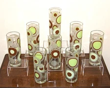 RETRO MCM GREEN AND BROWN CIRCLES TOM COLLINS GLASS BARWARE SET OF 8