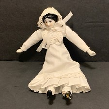 Antique Porcelain Head Hands  Feet 8  Doll Dress Black  White Painted
