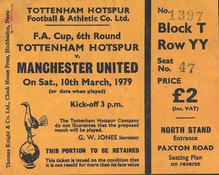 Tottenham Hotspur v Manchester United. Ticket Stub. 1978 1979. FA Cup Round 6