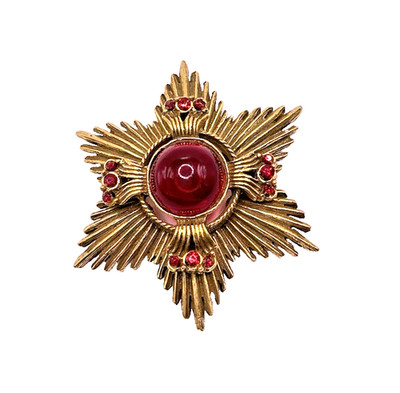 Signed Benedikt N.Y.-Star Brooch-Red Cabochon-Rhinestone-Gold Tone-circa 1960