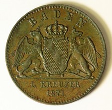 BADEN (German State) 1 Kreuzer 1871 - Victory in War with France - aUNC - 829