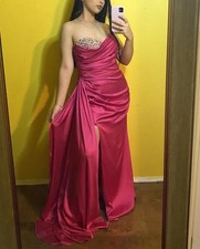 Ieena for Mac Duggal Pink Satin Strapless Beaded Rhinestone Long Gown 12
