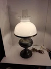 Antique Brass Electrified Oil Lamp with Crimped Milk Glass Shade, Chimney, Works