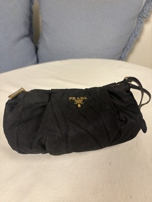 Prada Black Nylon Pleated Mini Wristlet Pouch Bag Gold Logo Zip Small Clutch