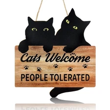 Funny Cat Welcome Sign,10X11 inches Black Cat Wall Decor, Funny wooden Sign F