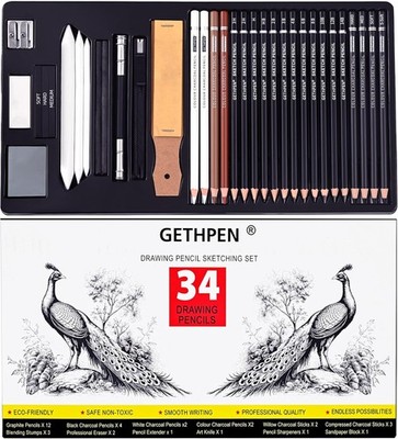 Sketch Pencils for Drawing 34 Pcs Graphite Pencil 14B 4H Charcoal Pencil