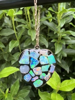 VINTAGE OPAL Blue Inlay Mosaic Heart Pendant