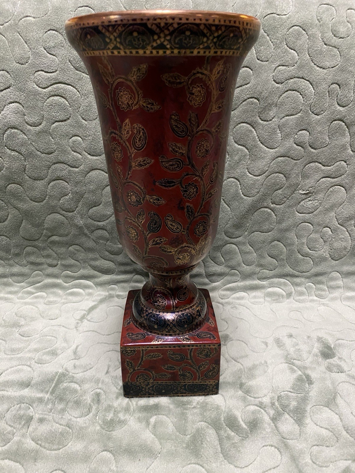 14” Porcelain Vase With 4” Square Base, Paisley Design, Red With Black Gold Blue
