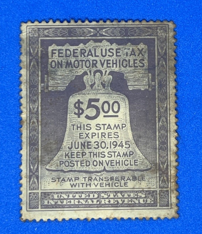 US $5.00 Motor Vehicle Use Tax Revenue Stamp 1945.  Lincoln Zephyr 