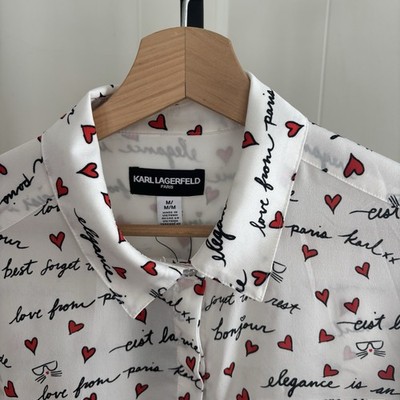 Karl Lagerfeld Paris Whimsy Heart Print Button Front White Blouse Women s M NWT