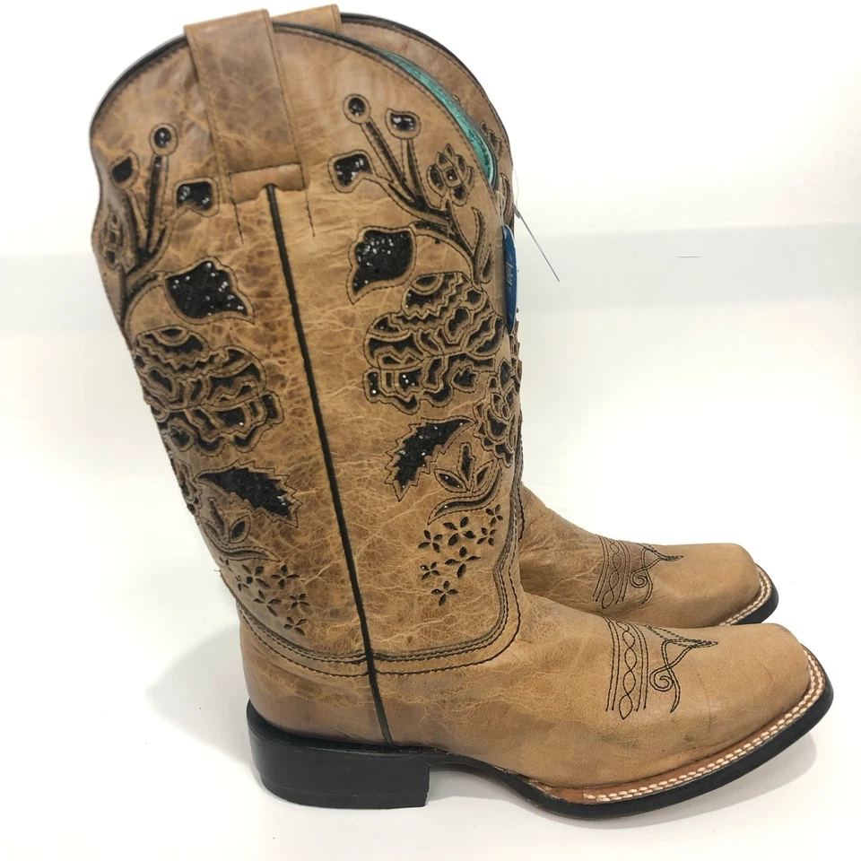 Botas vaqueras Corral para mujer de cuero arena con incrustación de brillo negro talla 7 Foto 3 de 4