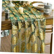  Dahlia Flower Gauze Table Runner 120 Inch 10FT, Glitter 28" x 120" Green Gold