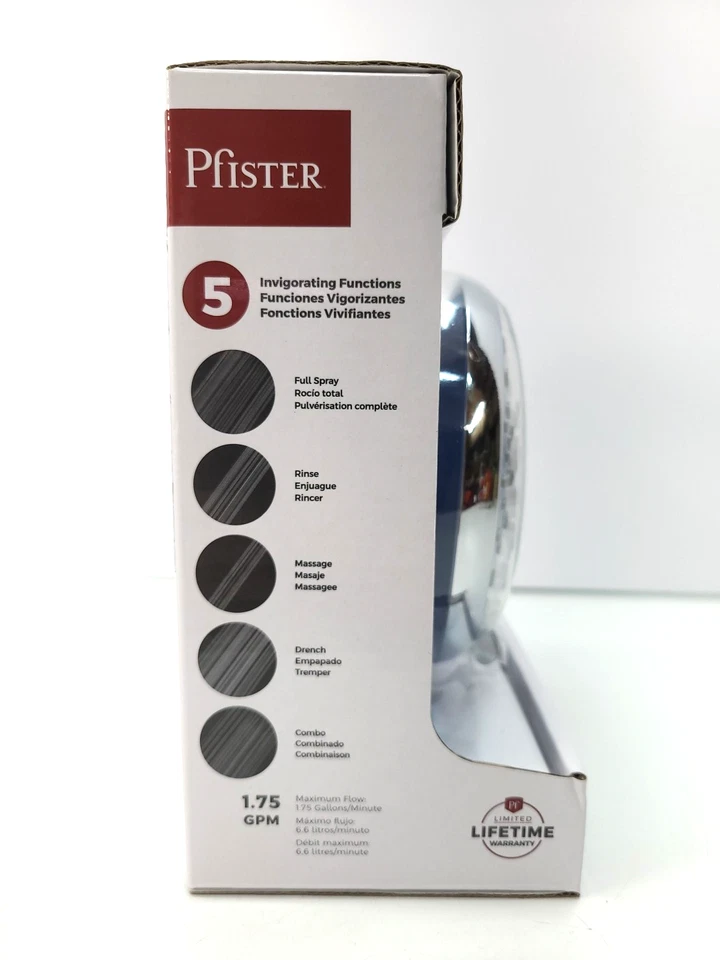Pfister 4.8125 in. Cabezal de ducha fijo de montaje en pared con 5 patrones de pulverización en cromo Foto 2 de 4