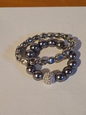 Stretch Beaded Bracelet Set Gray Faux Pearl Silver Tone Crystal Pave Stackable