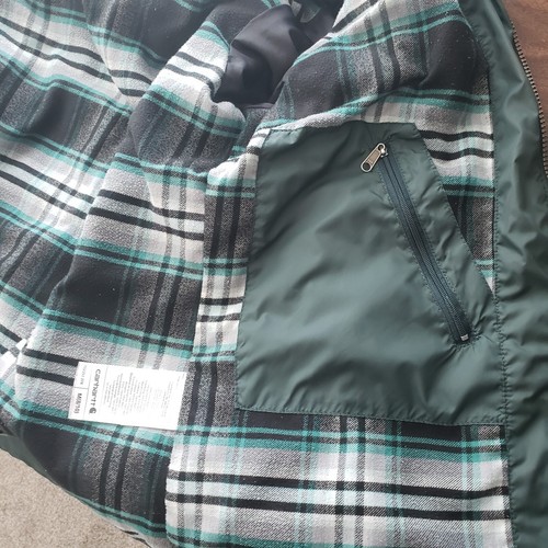 Carhartt Amoret Flannel Lined Puffer Jacket Womens M 8/10 Green Zip Hooded Cozy - Picture 13 of 15