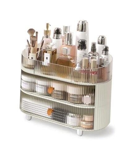 Makeup Organizer with 2 Drawers and 1 Clear Tray, Stackable Cosmetic